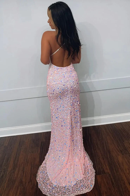 Robe de bal sirène scintillante à col en V et paillettes roses J3943