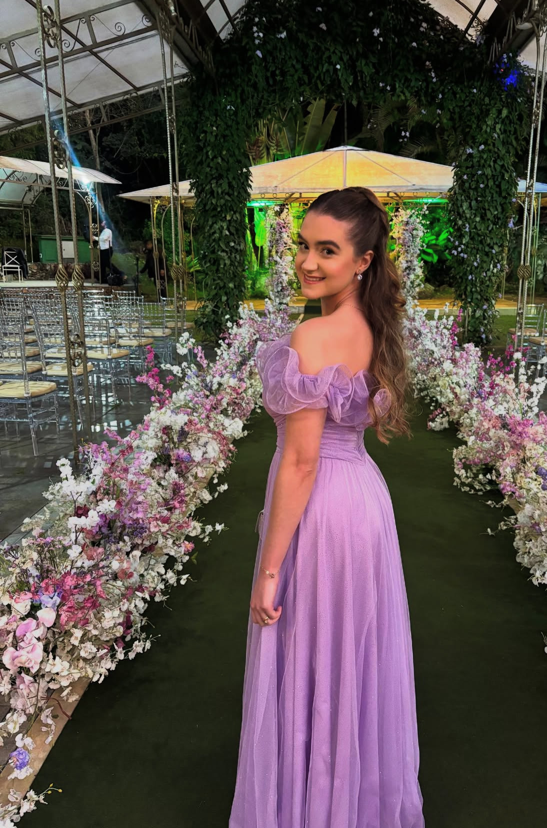 Robe de bal trapèze lavande à épaules dénudées en tulle, robe d'invitée de mariage J7788