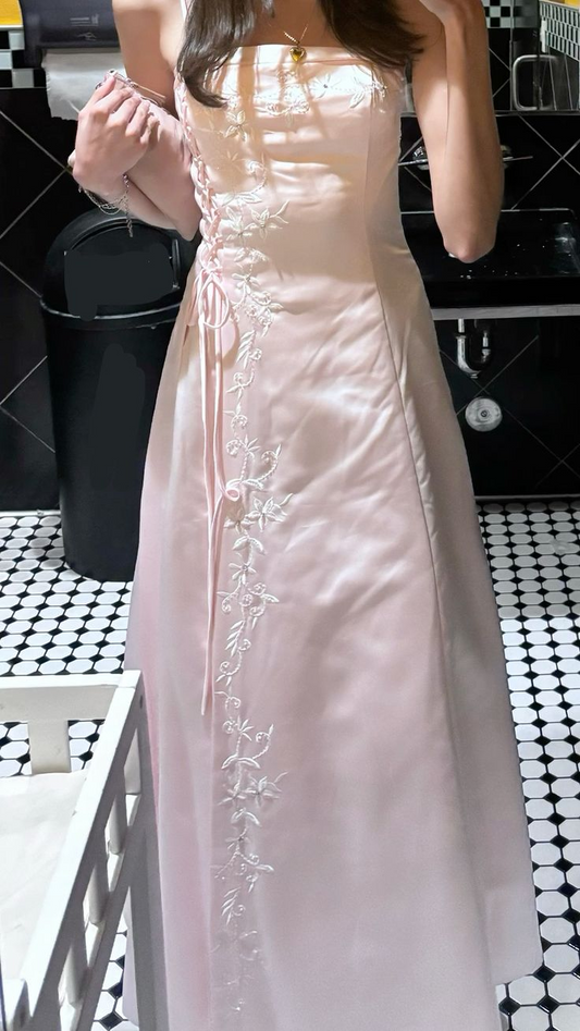 Trägerloses A-Linien-Ballkleid aus rosa Satin, lang, formelles Abendkleid J8142