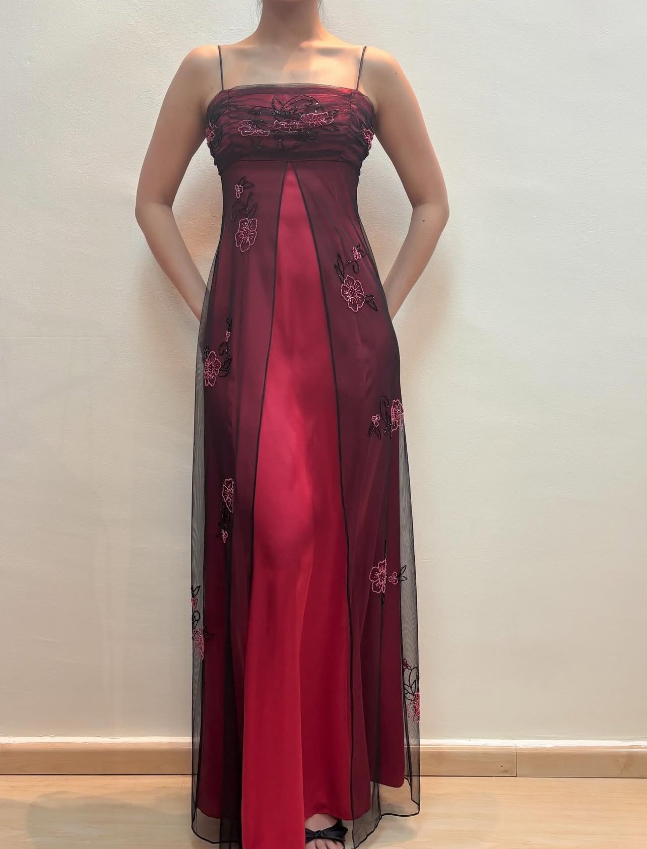 Spaghetti Straps Red Long Prom Dress Beaded Vintage Dress J8559