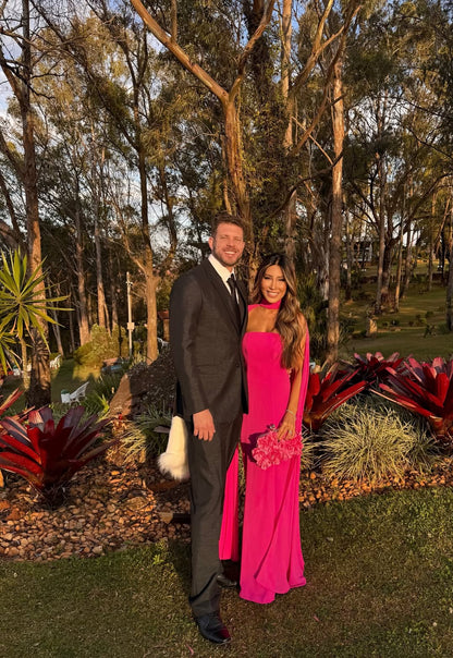 Robe de soirée rose vif en mousseline de soie pour invité de mariage J7820