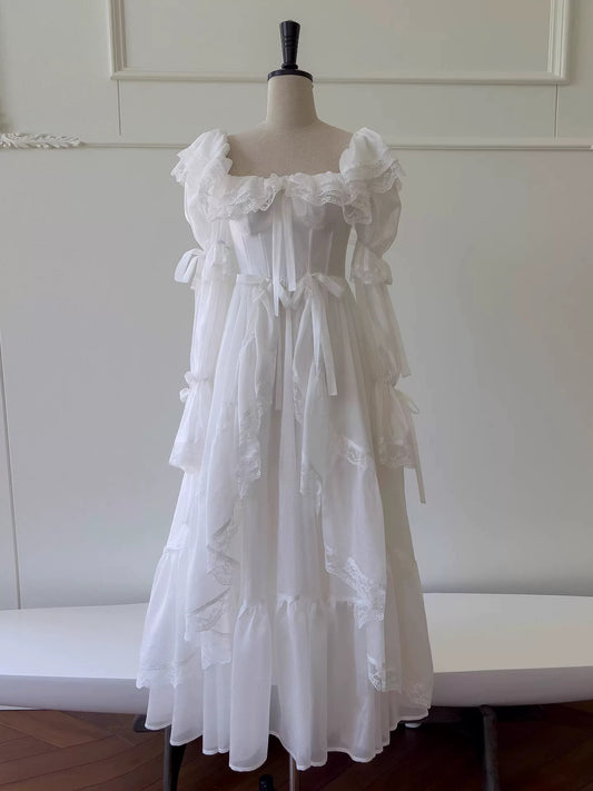 Robe longue de soirée ivoire trapèze en mousseline de soie et dentelle, robe d'anniversaire avec dentelle J8431