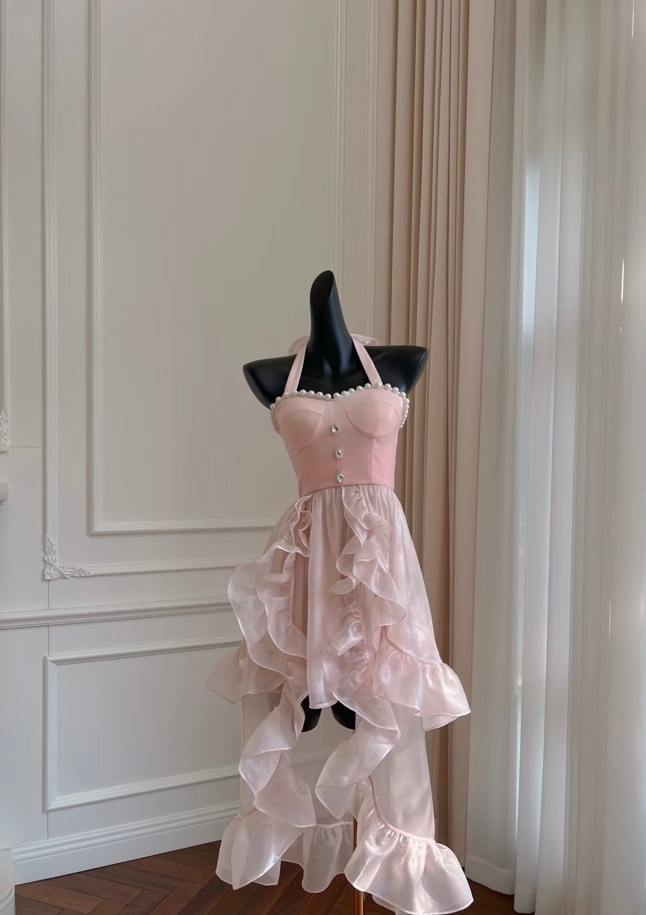 A Line Halter Pink Formal Party Dress Ruffle Homecoming Prom Dress J7171