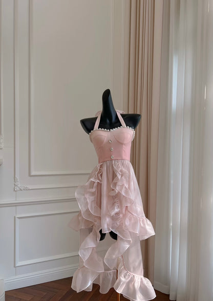 A Line Halter Pink Formal Party Dress Ruffle Homecoming Prom Dress J7171