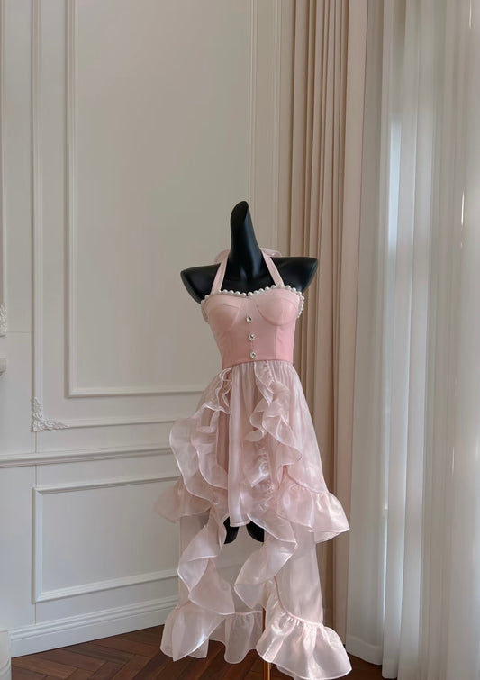 Robe de soirée rose à volants et dos nu, coupe trapèze, robe de bal de fin d'année J7171