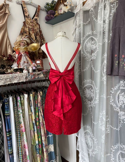 Robe fourreau rouge en dentelle, robe de bal courte avec nœud J8485