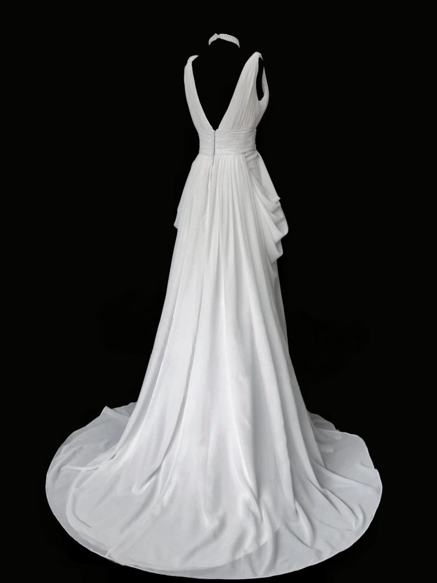 V-Ausschnitt A-Linie Langes Abendkleid Chiffon Brautkleid in Weiß J8427