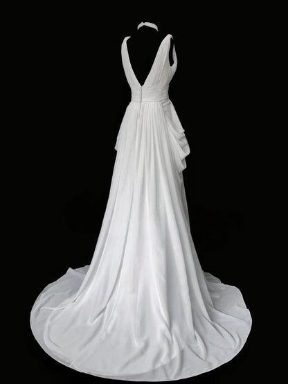 V-Ausschnitt A-Linie Langes Abendkleid Chiffon Brautkleid in Weiß J8427