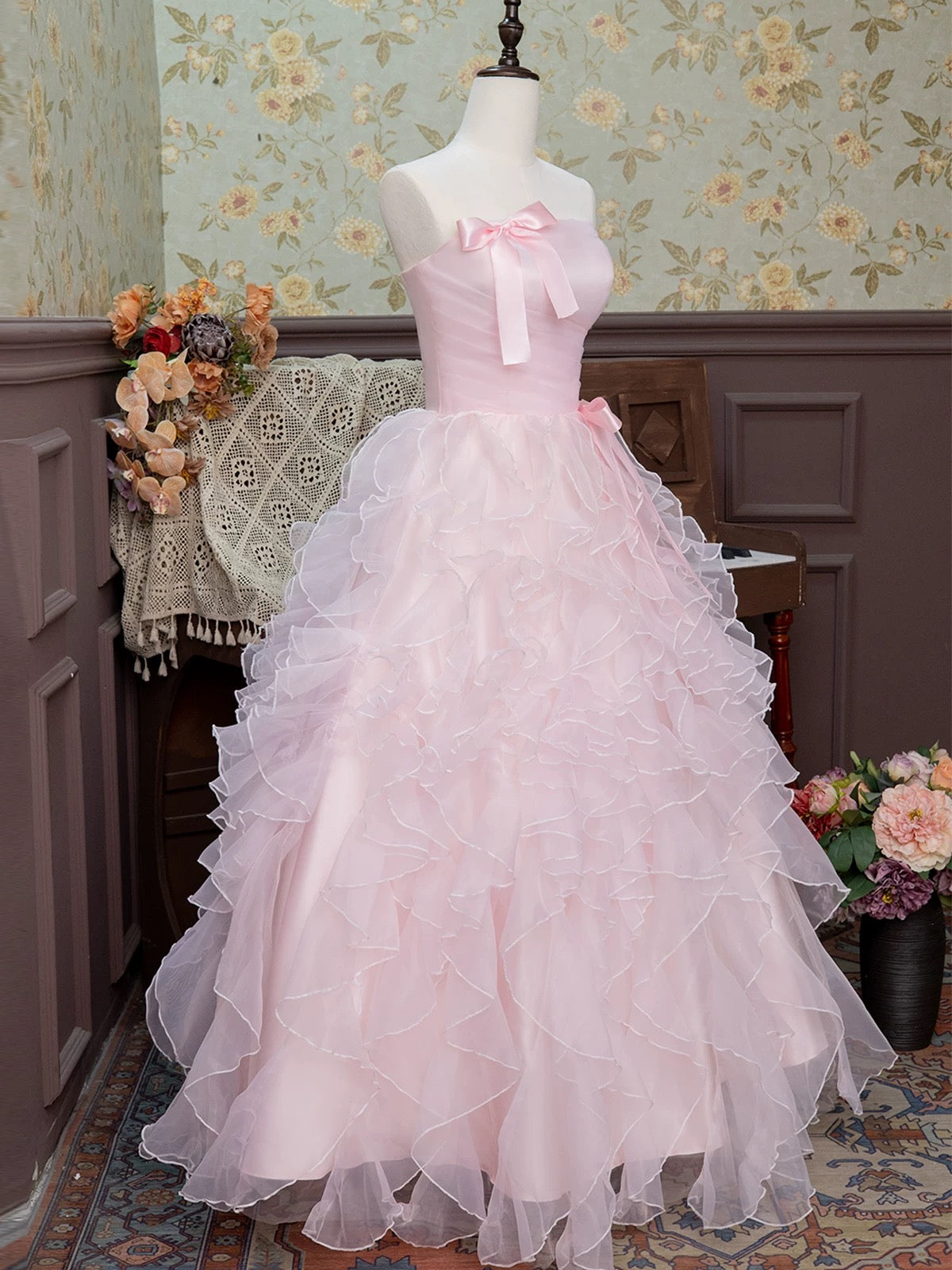 Robe de bal bustier coupe A, rose, à volants, pour les 16 ans, J7723