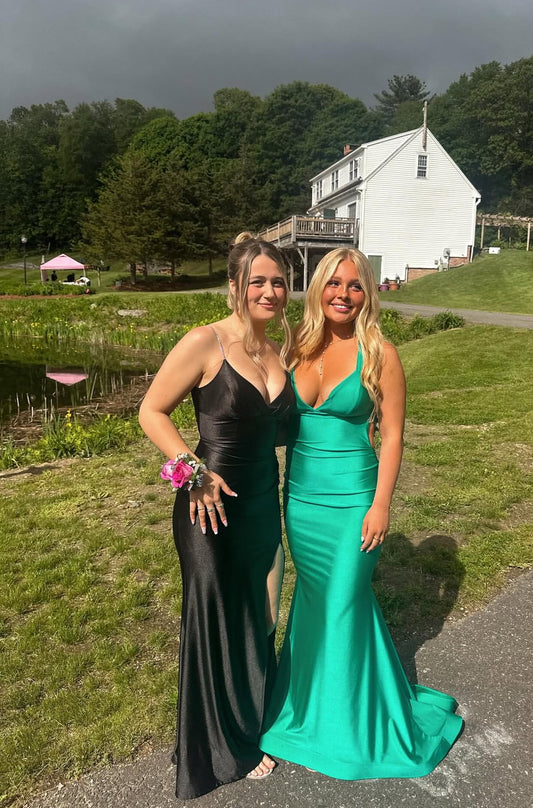 Grünes Meerjungfrau-Abendkleid aus Satin, lang, J7872