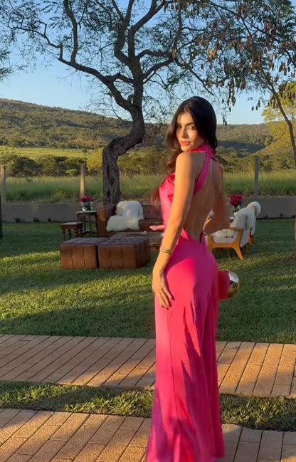 Halter Sheath Hot Pink Evening Dress Sexy Backless Formal Party Dress J7021