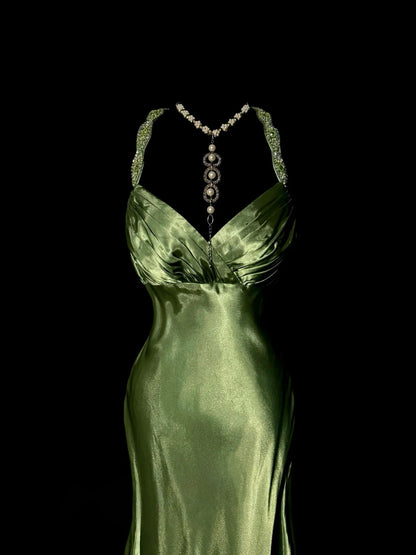 Backless Green Mermaid Satin Long Prom Dress Elegant Evening Dress J7991