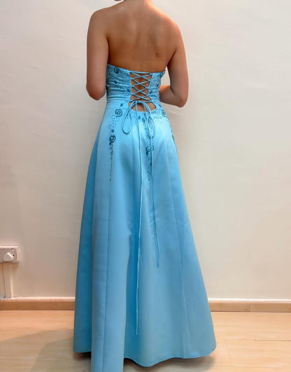 Strapless A Line Blue Long Prom Dress Beaded Vintage Dress J8554