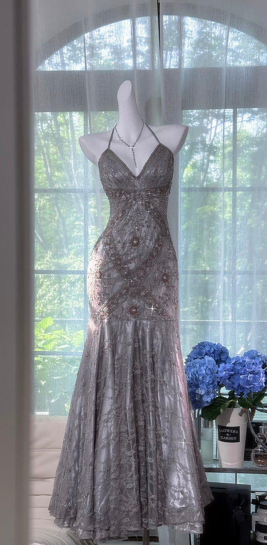 Neckholder Silber Langes Ballkleid Spitze Perlen Formales Partykleid J8408