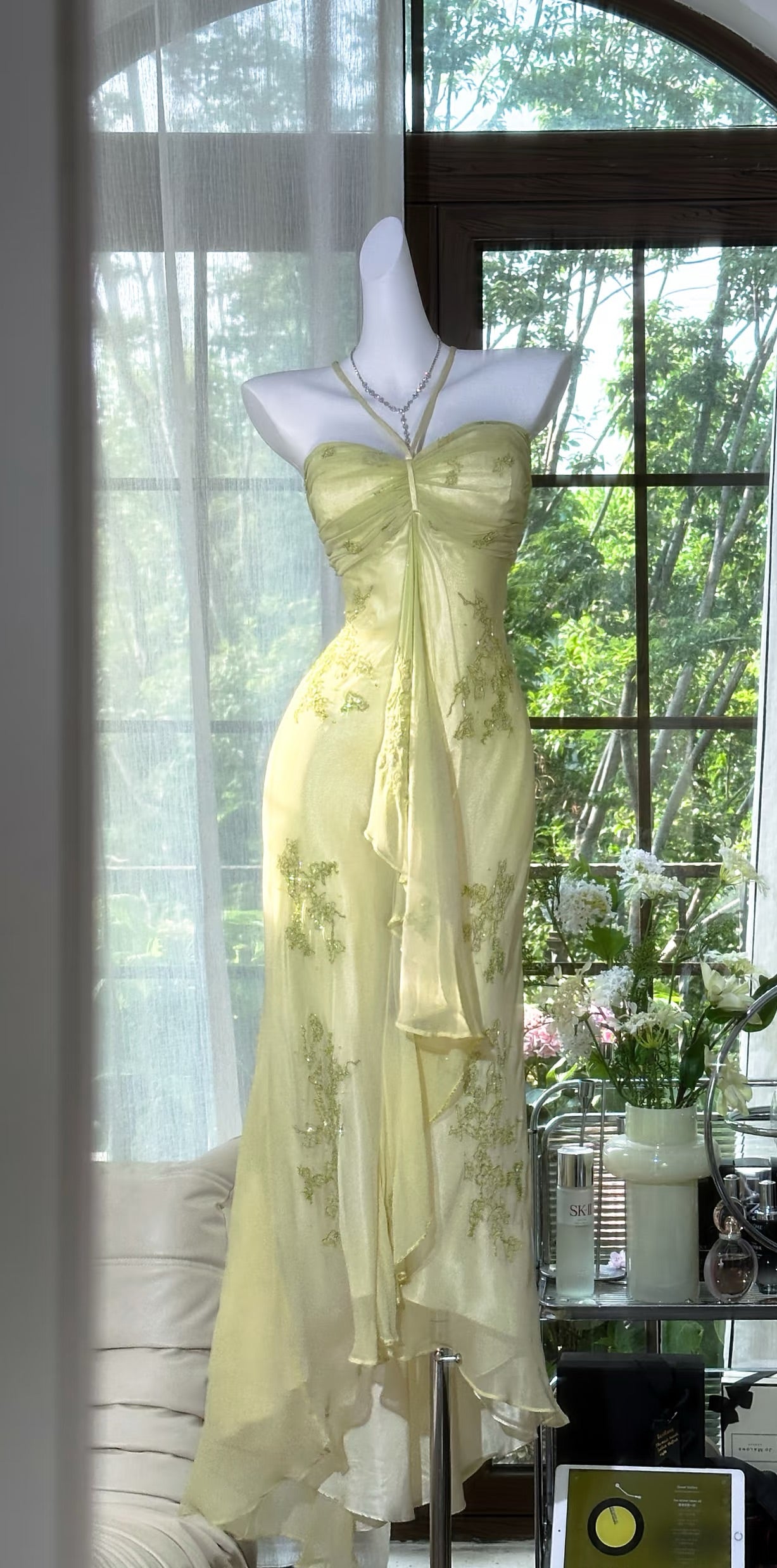 Robe de bal sirène verte à bretelles spaghetti, robe de soirée féerique J7293