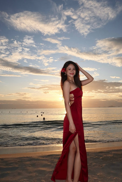 Strapless Sheath Long Prom Dress Satin Red Birthday Dress J8004