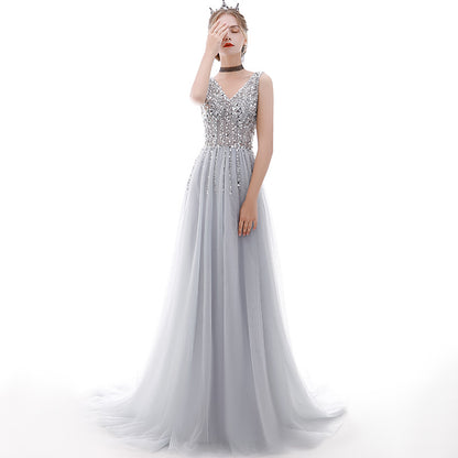V Neck Sequins Long Prom Dress A Line Silver  Tulle Party Dress 134 - JulyProm