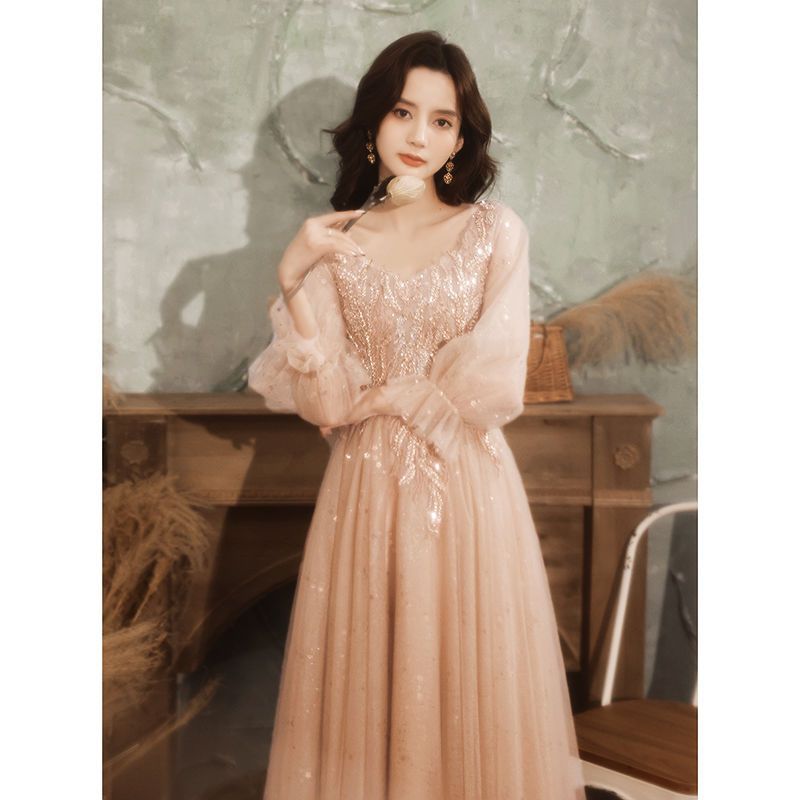 A Line Beading Long Prom Dress Pink Long Sleeves Evening Dress 118