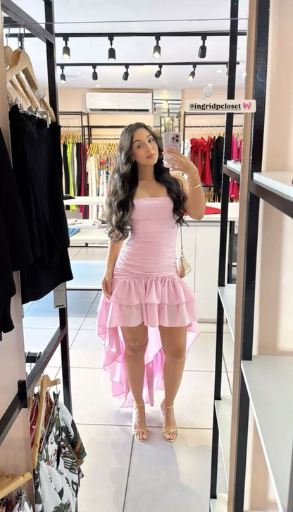 trägerloses A-Linien-Rüschen-Abendkleid in Rosa J7448
