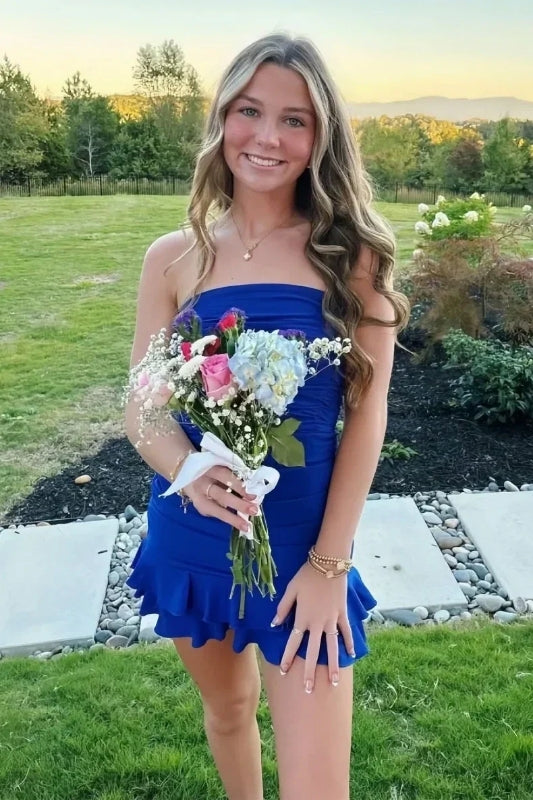 Schickes, trägerloses, königsblaues, kurzes Heimkehrkleid mit Rüschen J8371