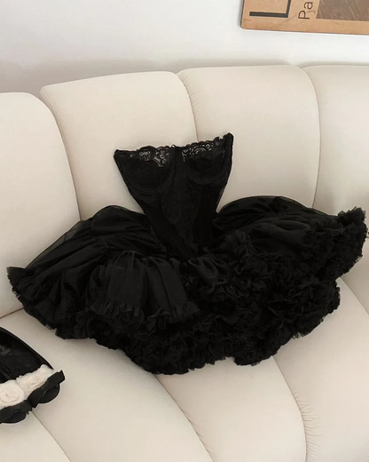 Strapless Black Ruffles Lace Homecoming Dress Short Birthday Outfits J7262
