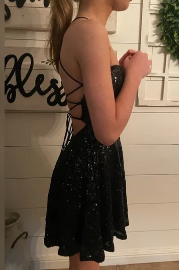 Schwarzes A-Linien-Abendkleid mit Pailletten, ärmellos, kurz, J6962