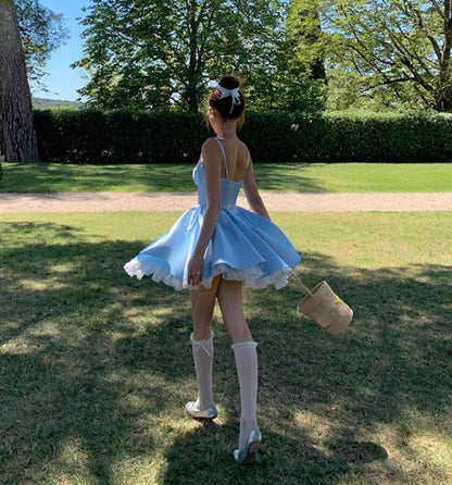 Robe de bal courte bleue en satin, coupe trapèze, tenue d'anniversaire, J8613