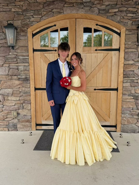Robe de bal jaune en satin coupe trapèze, tenue de soirée formelle, J7351