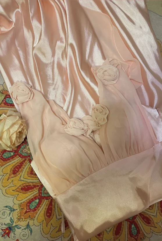 Pink V-Neck Satin Long Prom Dress With Ruffle J8775