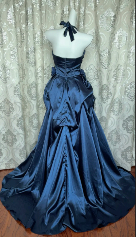 Halter Navy Blue Long Prom Dress A Line Satin Evening Gowns J8644