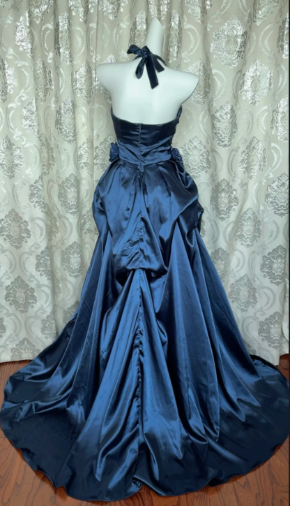 Halter Navy Blue Long Prom Dress A Line Satin Evening Gowns J8644