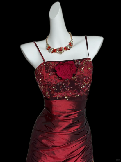 Spaghetti Straps Burgundy Long Prom Dress Vintage Evening Gowns J8647