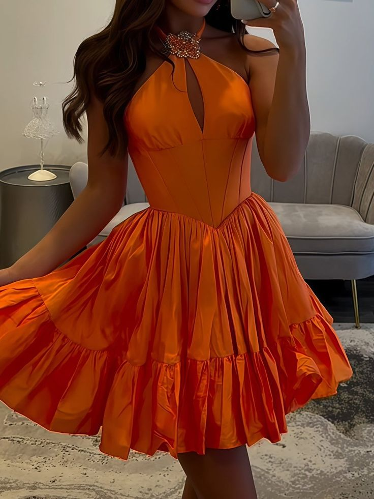 Orange Halter A Line Ruffled Short Homecoming Dress J7426
