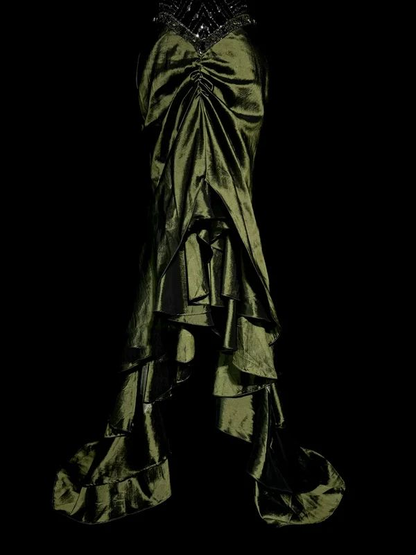 Vintage Mermaid Olive Green Satin Birthday Outfits Formal Party Dresses J7106