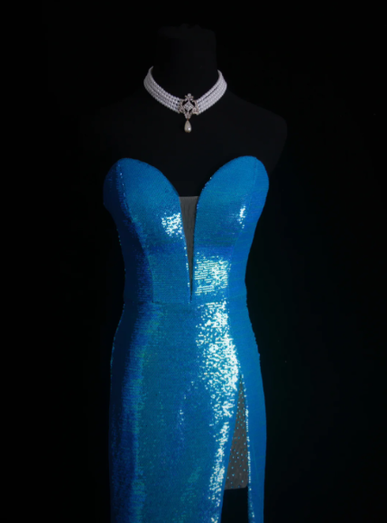 Robe de soirée longue sirène bleue à paillettes J8663