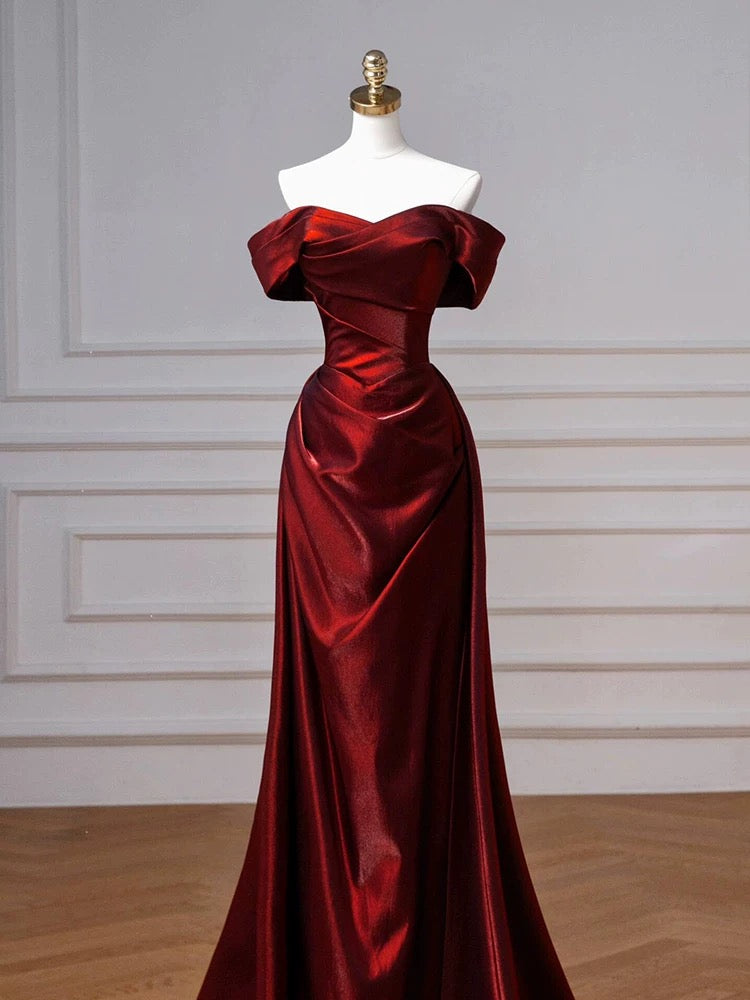 Schulterfreies Burgunderrotes Ballkleid aus Satin, formelles Abendkleid, Partykleid J7096