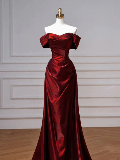 Schulterfreies Burgunderrotes Ballkleid aus Satin, formelles Abendkleid, Partykleid J7096