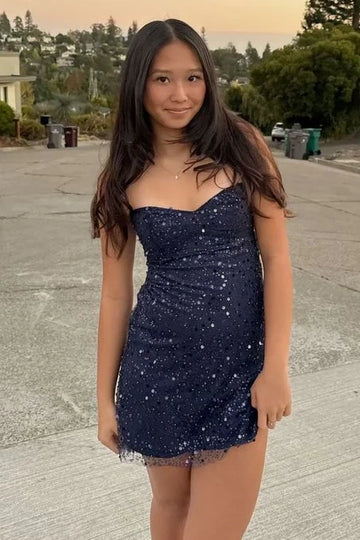 Robe de soirée scintillante bleu marine à bretelles spaghetti et col en V J7695