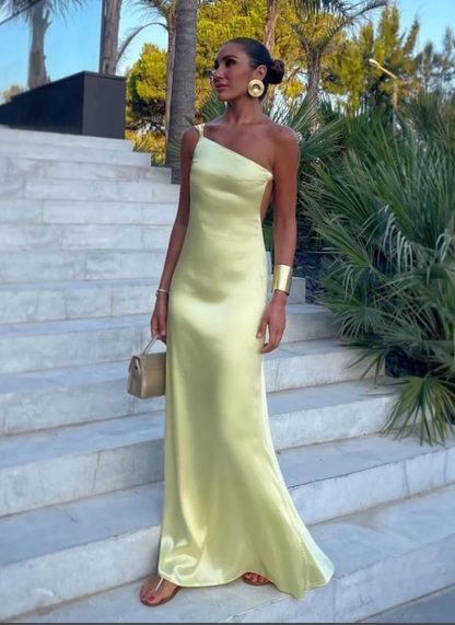 Robe de soirée jaune asymétrique, robe d'invitée de mariage J7419