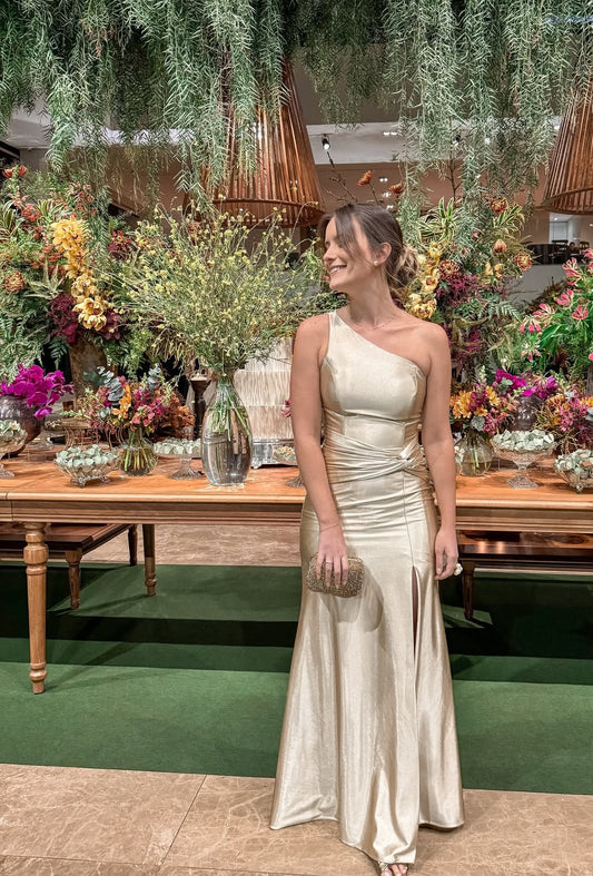 Robe de bal longue sirène champagne asymétrique, robe d'invitée de mariage J7956