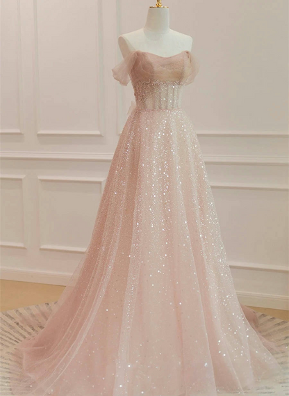 Rosa A-Linie Abendkleid Tüll Glitzerndes Ballkleid J6773