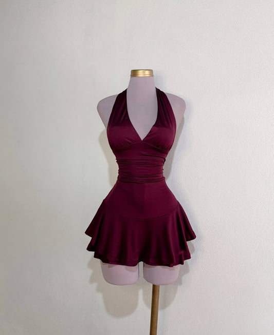 Neckholder A-Linie Burgunderrot Kurzes Homecoming-Ballkleid J7414