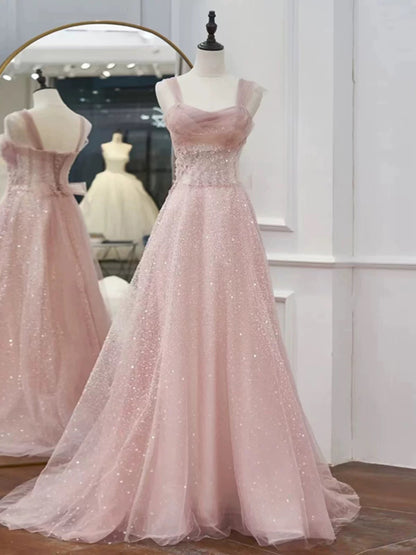 Rosa A-Linie Abendkleid Tüll Glitzerndes Ballkleid J6773