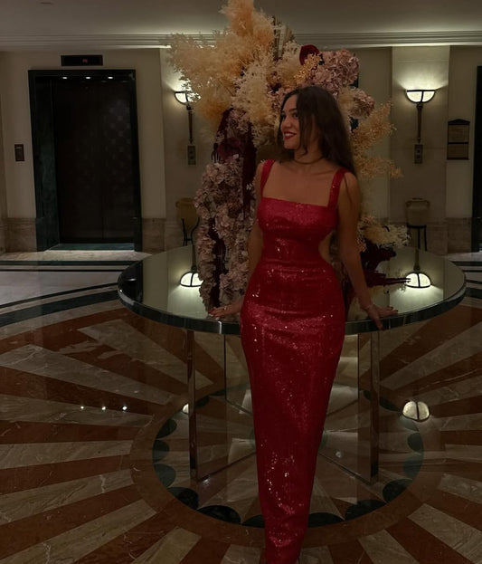 Red Sequin Long Prom Dress Backless Evening Dress J7953