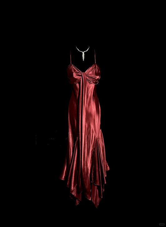 Vintage Mermaid Spaghetti Straps Satin Burgundy Prom Dresses  J8864