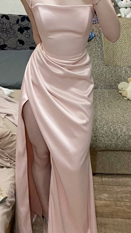 Einfaches rosa langes Ballkleid mit Schlitz Satin Abendkleid J8272