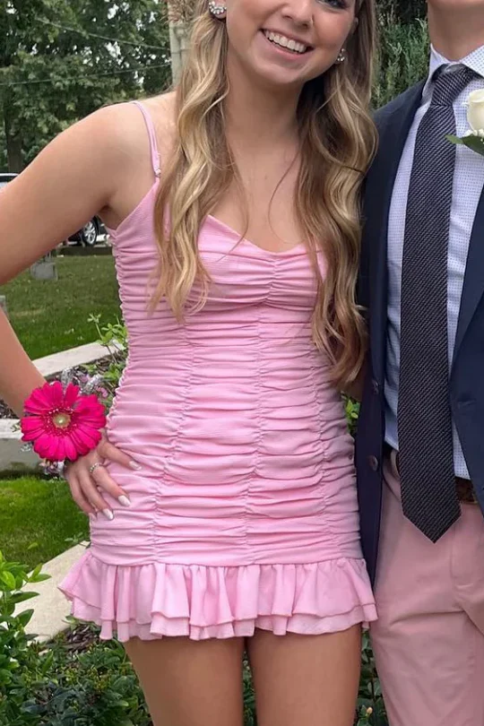 Spaghettiträger Rüschen Gerafftes Homecoming-Kleid J6985