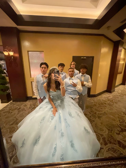 Modest Ball Gown Off The Shoulder Blue Tulle Lace Long Quinceanera Dress J8201