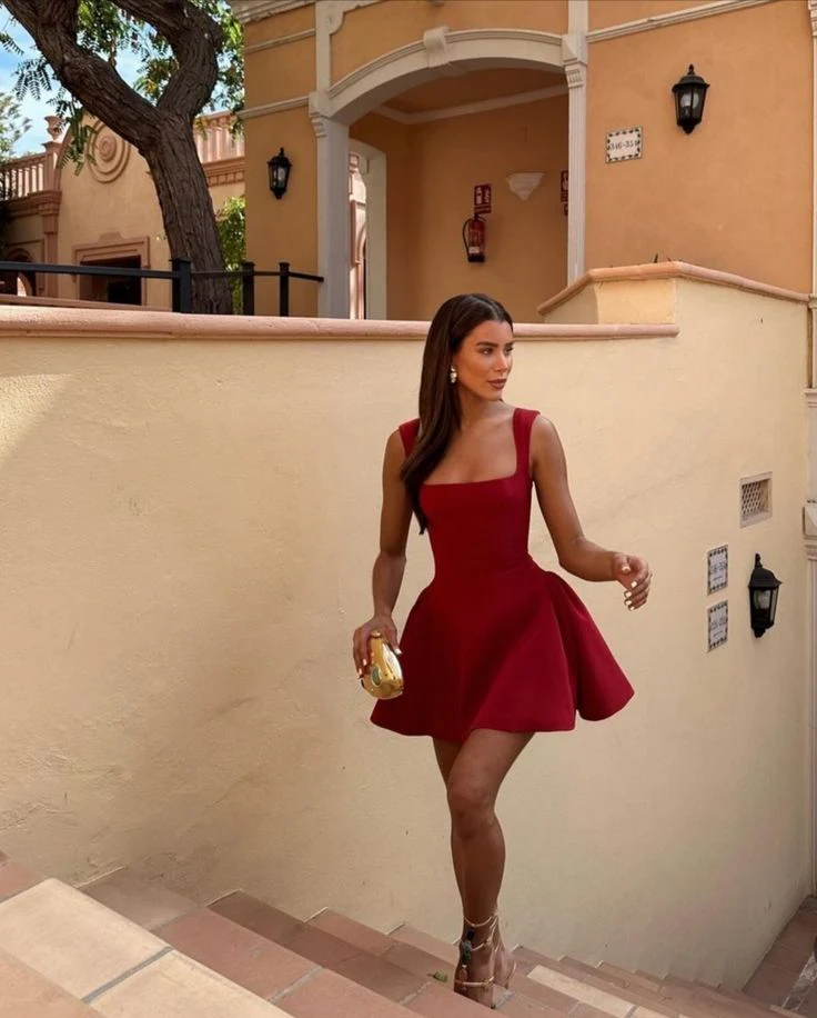 Burgundy Square Neck Mini Dress Homecoming Dress Birthday Dress J8736