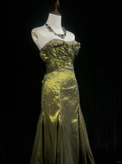 Green Strapless Long Prom Dress Beaded Vintage Evening Dress J8740